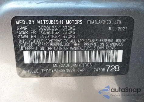 2021 Mitsubishi Mirage Carbonite Edition/Es/Le from USA, damaged, VIN ML32AUHJ4MH010051